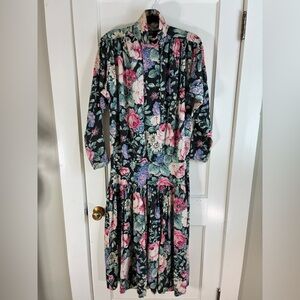 Vintage 90s Carole Little Drop Waist Black Floral High Neck Maxi Dress Modest